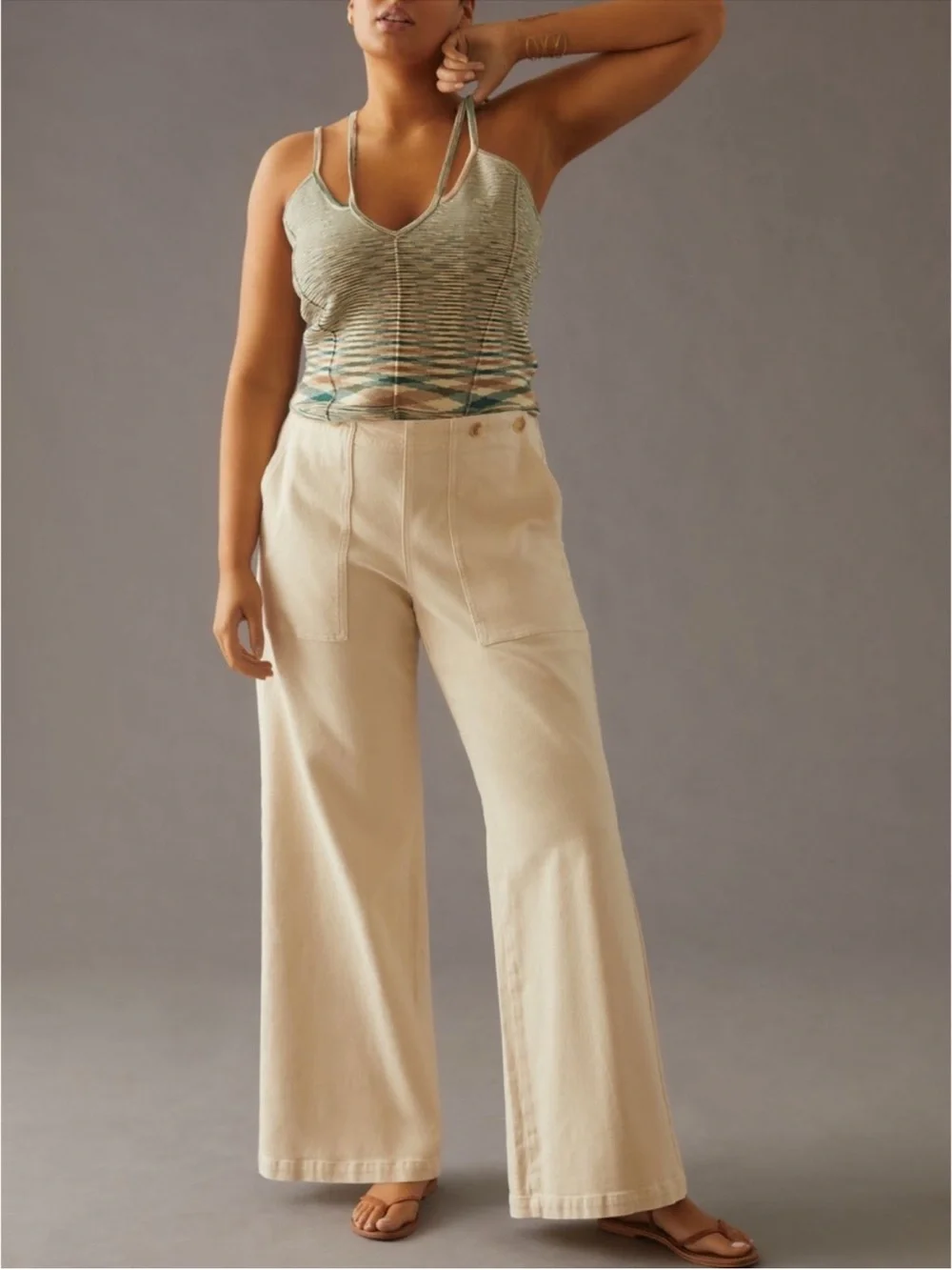 Pilcro The Kit High-Rise Wide-Leg Utility Trousers in Cream